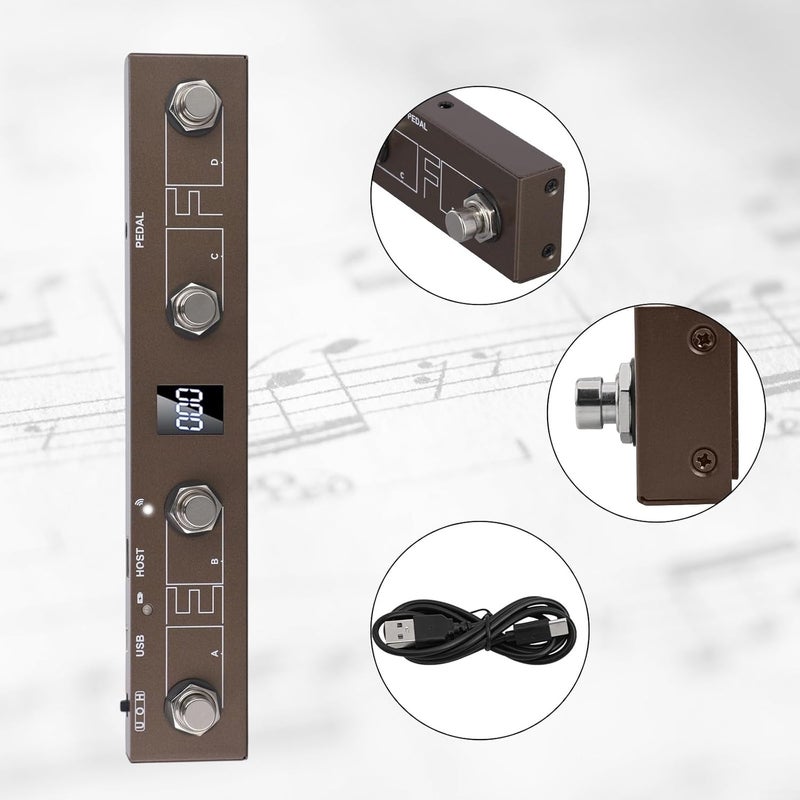 Cloudpower For Chocolate Plus For MIDI Footswitch Controller, Rechargeable 4 Buttons USB Compatible For Musicians Portable For MIDI Foot Controller Pedal APP Control(Brown) - Image 4